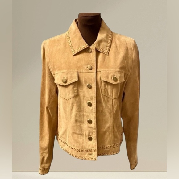 Tribal Suede Tan Leather Jacket With Gold Sequin & Beaded Trim, Womens size 10 - Picture 2 of 16